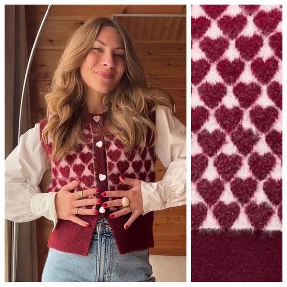 NWT. Zara Red/Pink Hearts Jacquard Knit Vest Sleeveless Top. Size L. - Picture 5 of 12